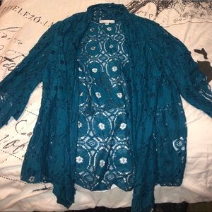 Teal 3/4 sleeve floral lace cardigan
